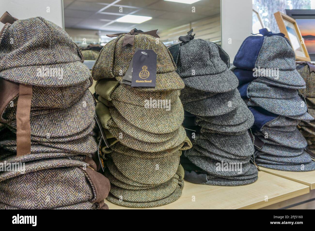 Harris tweed deerstalker hats for sale on the Isle of Harris in the Outer Hebrides. Stock Photo