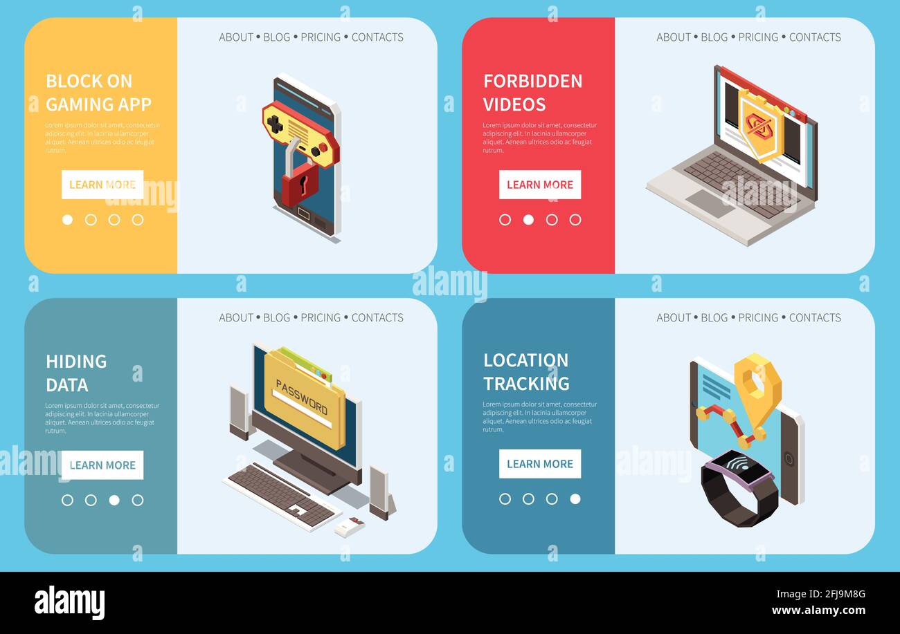 Parental digital internet control 4 web banners with blocking gaming app location tracking hiding data vector illustration Stock Vector