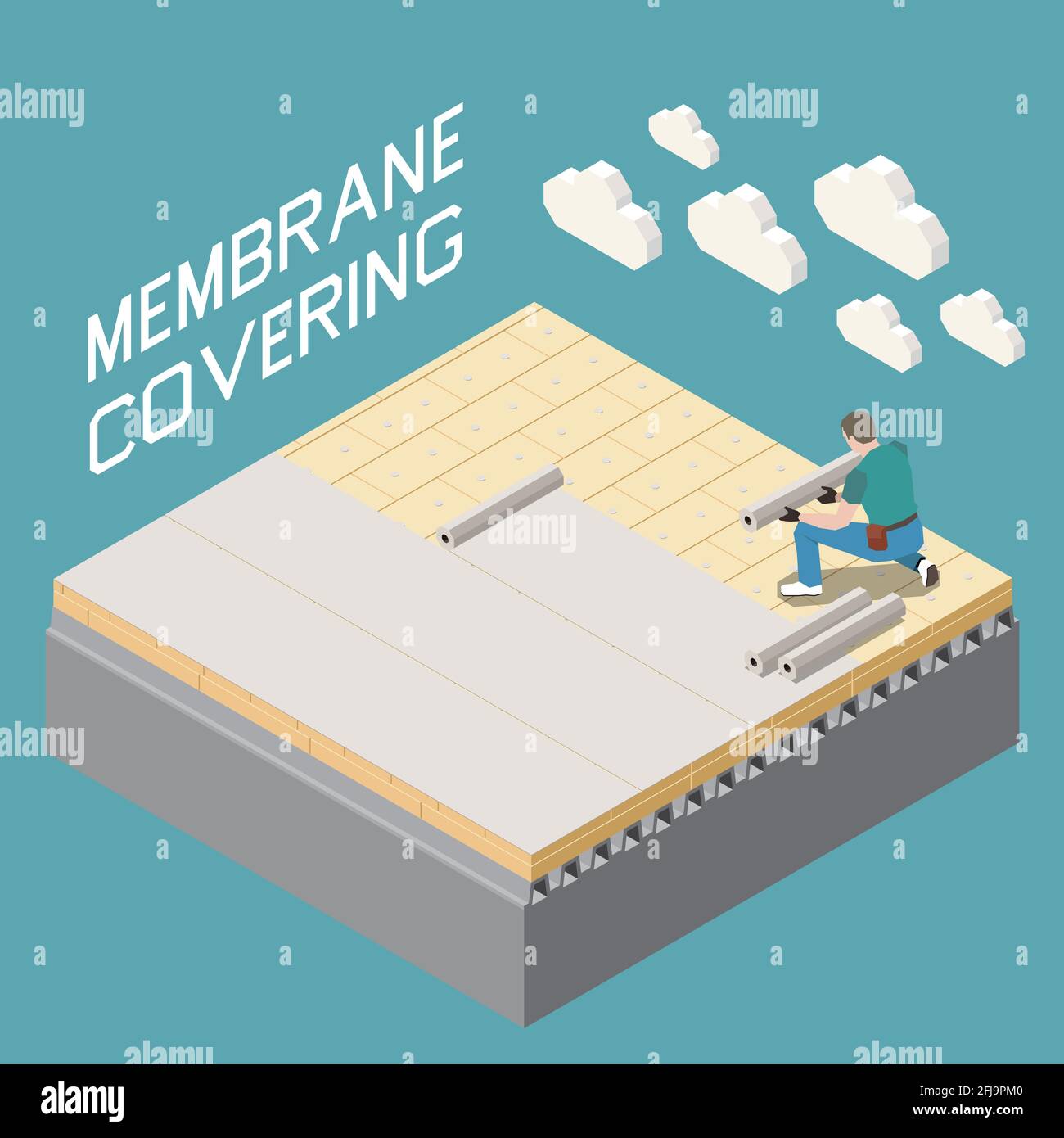 Roofer contractor construction work isometric composition with modern