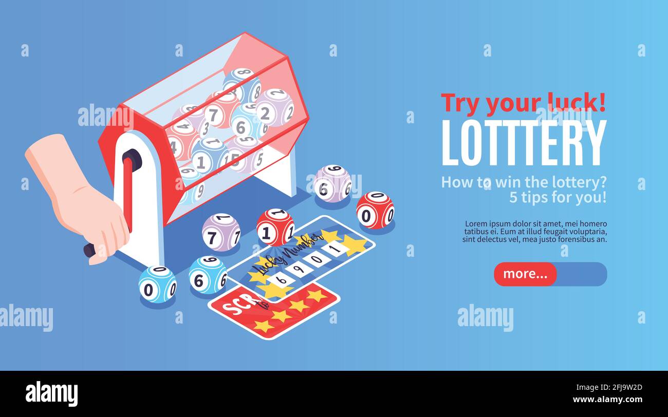 Isometric fortune lottery win horizontal banner with images of prize tickets drawing balls and editable text vector illustration Stock Vector