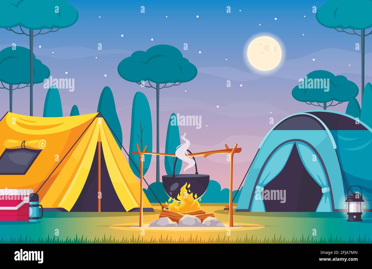 Camping composition with two tents fire cool box on background with
