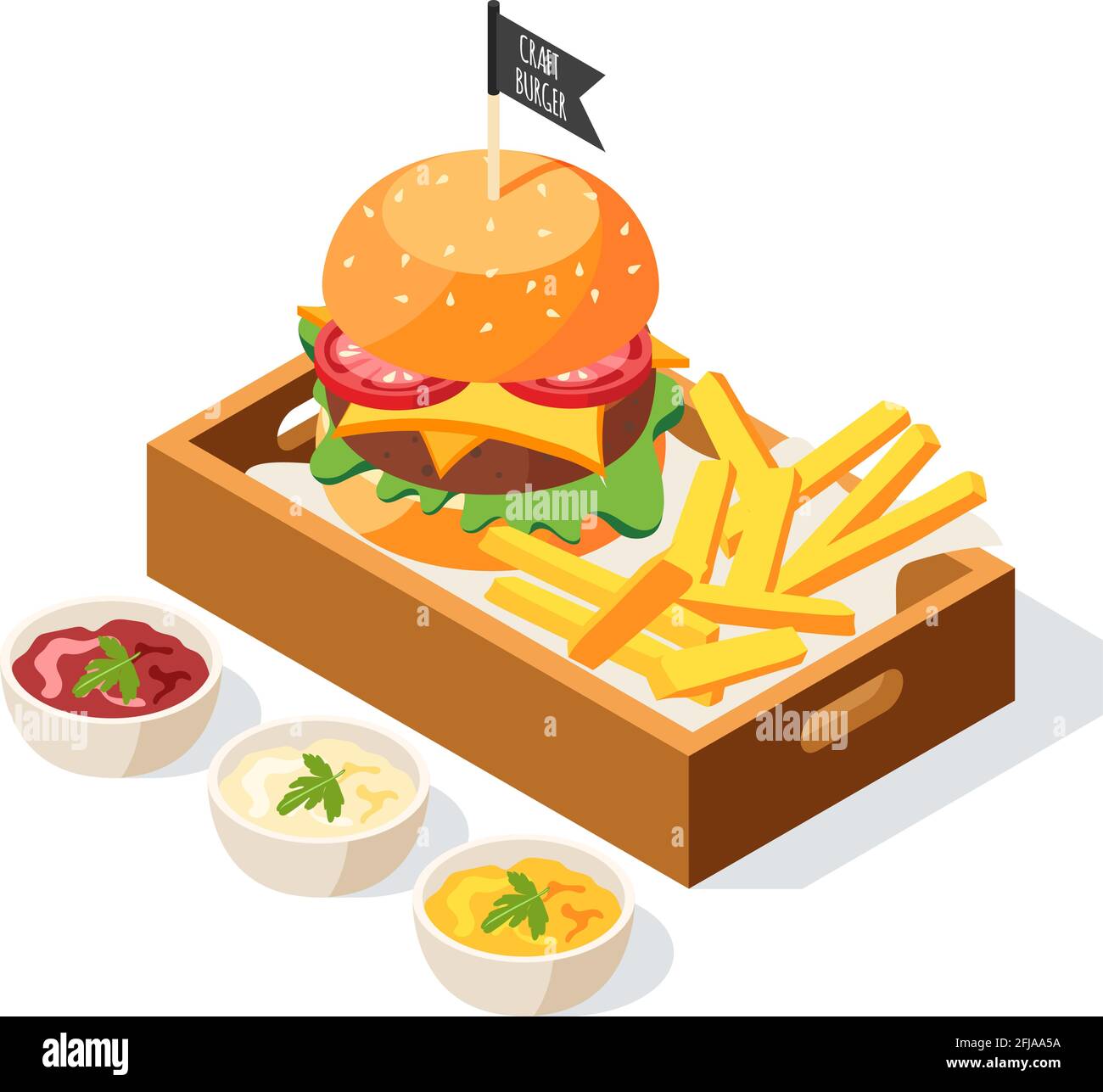 Burger house isometric background with composition of sauce dishes and