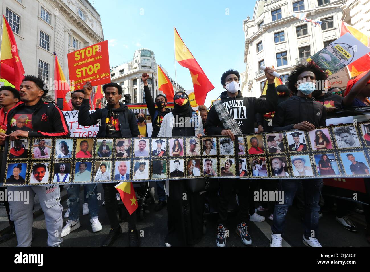 London, England, UK. 25th Apr, 2021. Hundreds marched through central London to protest war in Ethiopia's Tigray region. The war-torn northern region has been the location of a conflict between pro-government and local fighters. Clashes resulted in thousands of refugees and reportedly mass killings. Ethiopian Prime Minister Abiy Ahmed recently that Eritrean troops has been fighting in Tigray. The protesters are calling for the UK government and international community to take action against the Ethiopian government. Credit: Tayfun Salci/ZUMA Wire/Alamy Live News Stock Photo