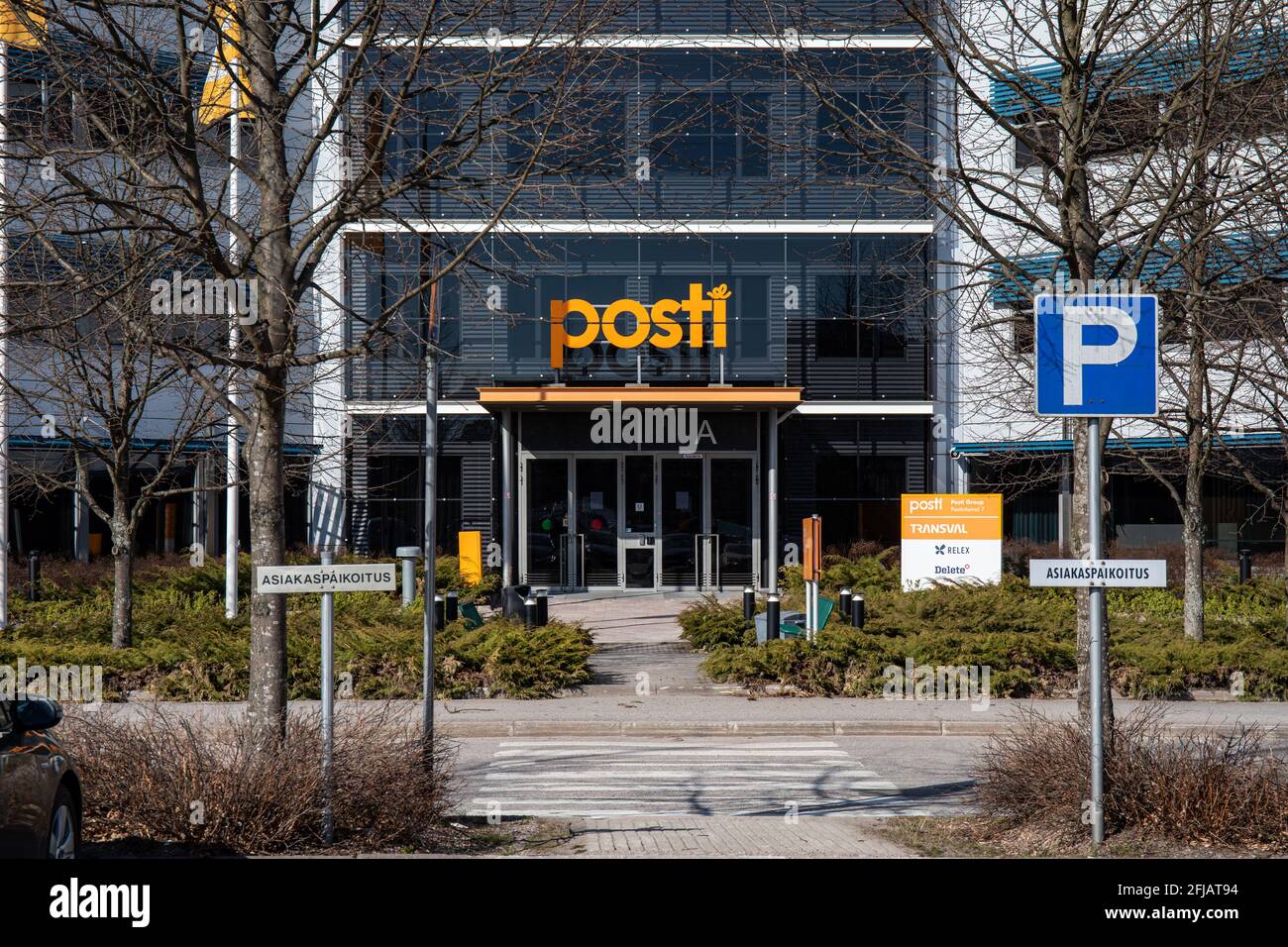 Posti Group Corporation headquarters entrance in Pohjois-Pasila district of Helsinki, Finland Stock Photo