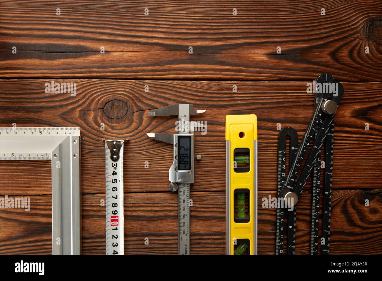Level, corner, ruler and caliper, instrument Stock Photo
