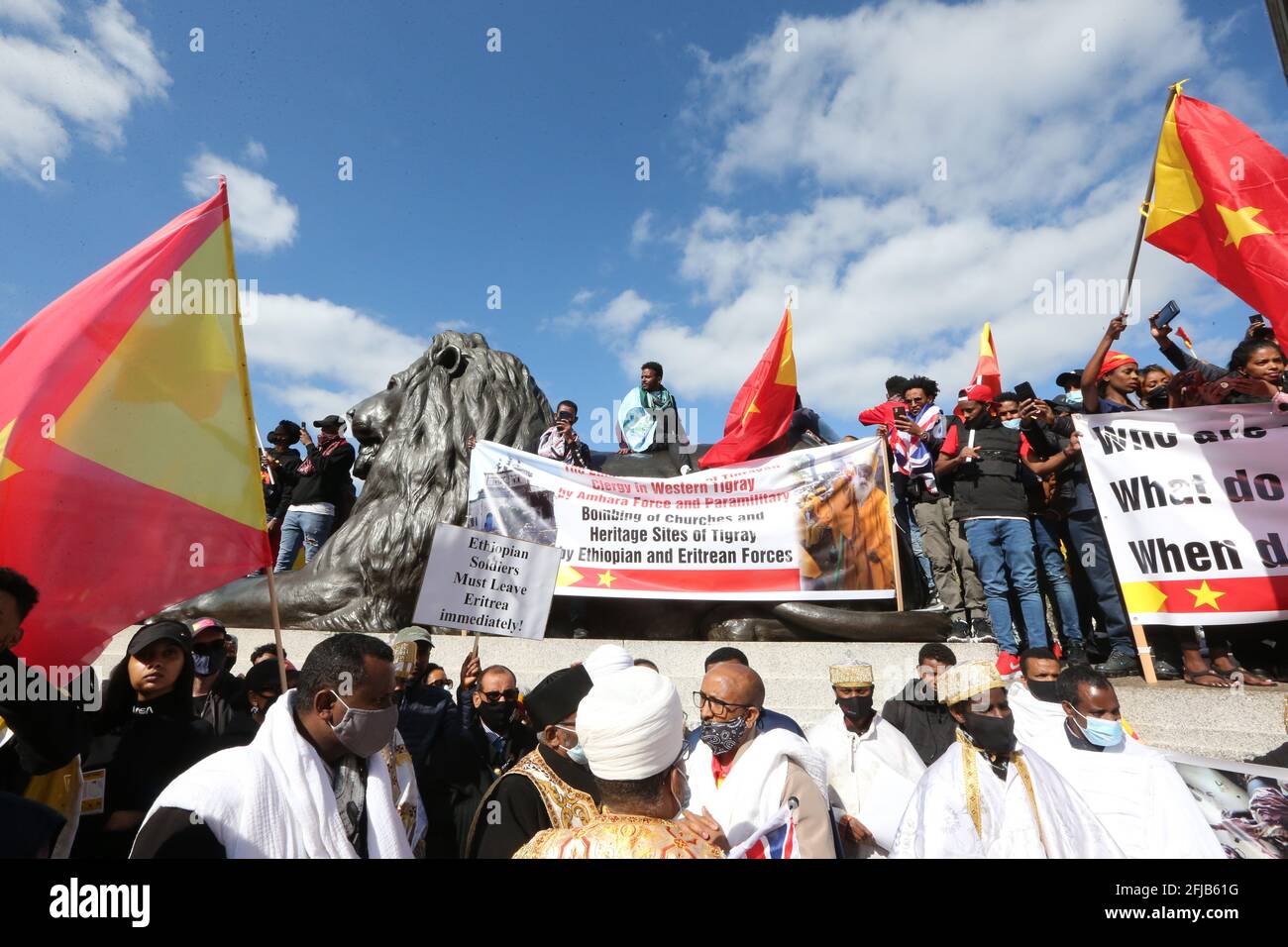 London, England, UK. 25th Apr, 2021. Hundreds marched through central London to protest war in Ethiopia's Tigray region. The war-torn northern region has been the location of a conflict between pro-government and local fighters. Clashes resulted in thousands of refugees and reportedly mass killings. Ethiopian Prime Minister Abiy Ahmed recently that Eritrean troops has been fighting in Tigray. The protesters are calling for the UK government and international community to take action against the Ethiopian government. Credit: Tayfun Salci/ZUMA Wire/Alamy Live News Stock Photo