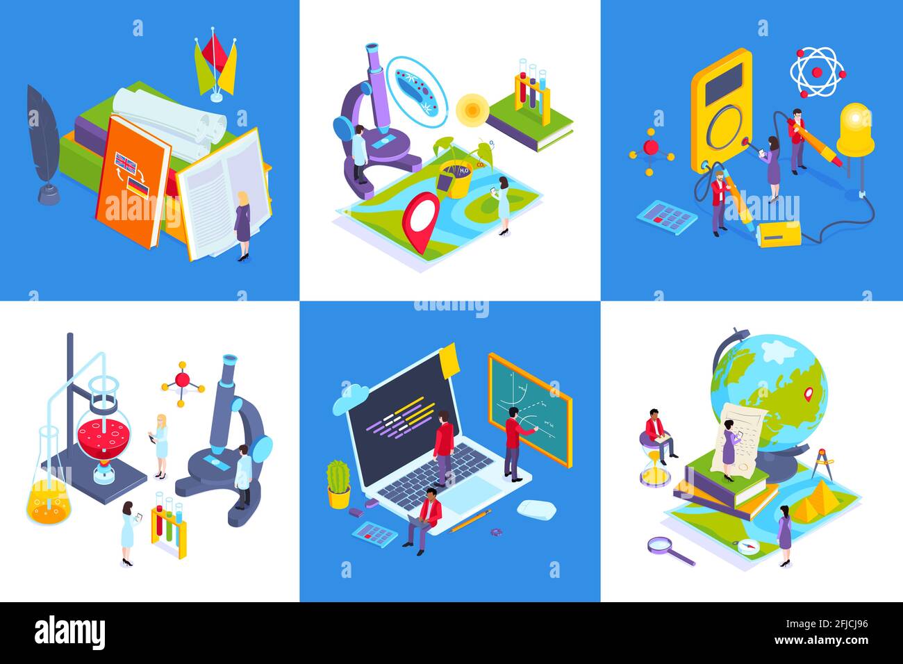 School subjects contemporary education concept 6 isometric compositions