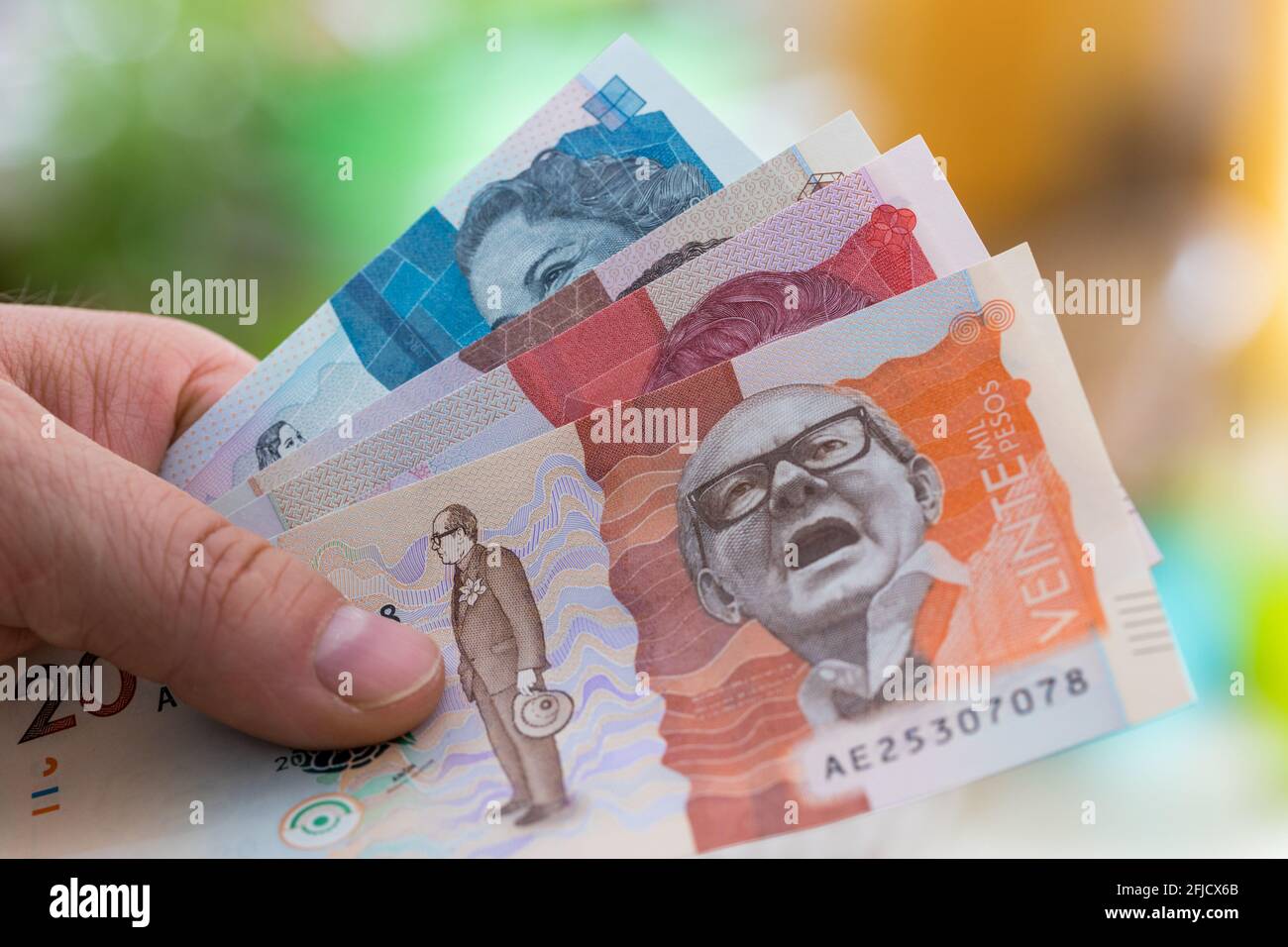 Colombian money, bills of different amounts Stock Photo