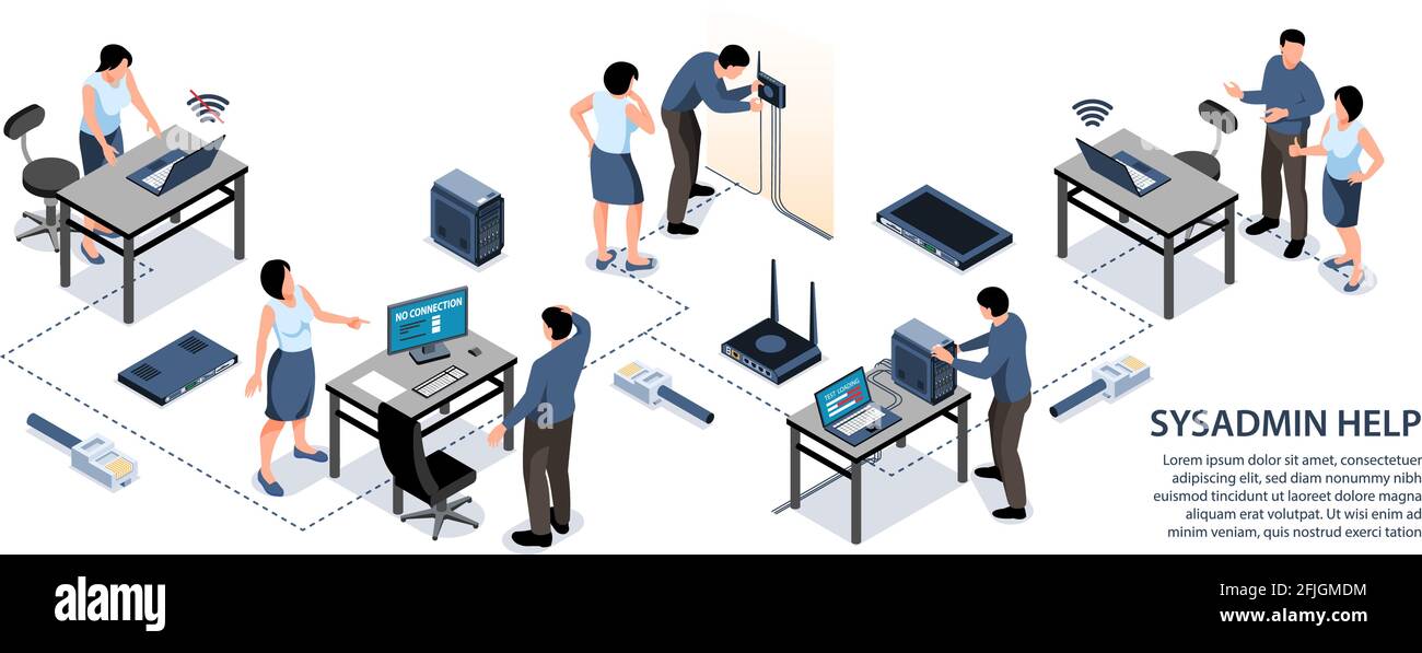Sysadmin helping office worker fixing internet connection 3d isometric infographics vector illustration Stock Vector