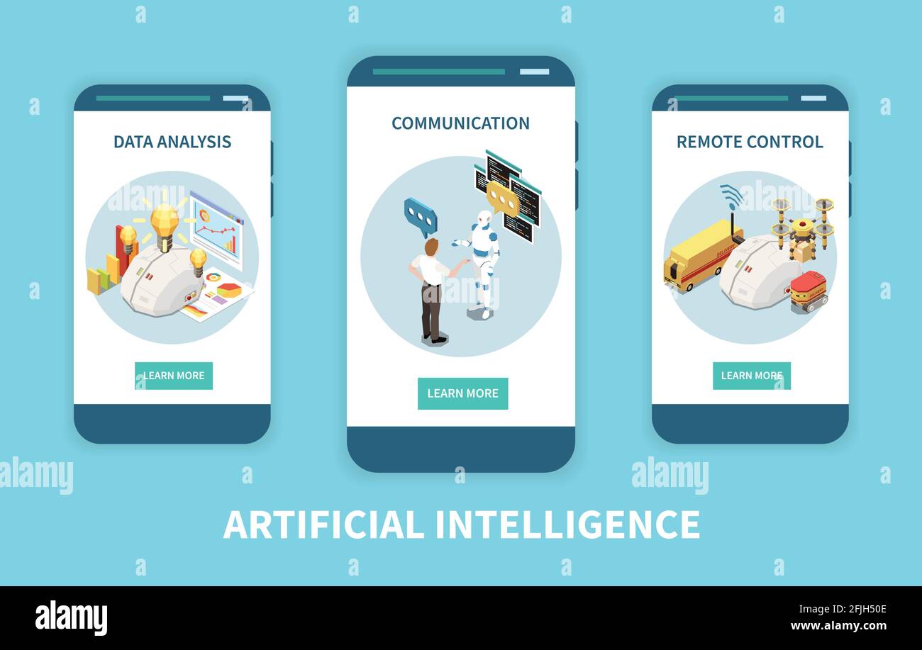 Artificial intelligence set of isometric vertical banners with data analysis and remote control images with buttons vector illustration Stock Vector