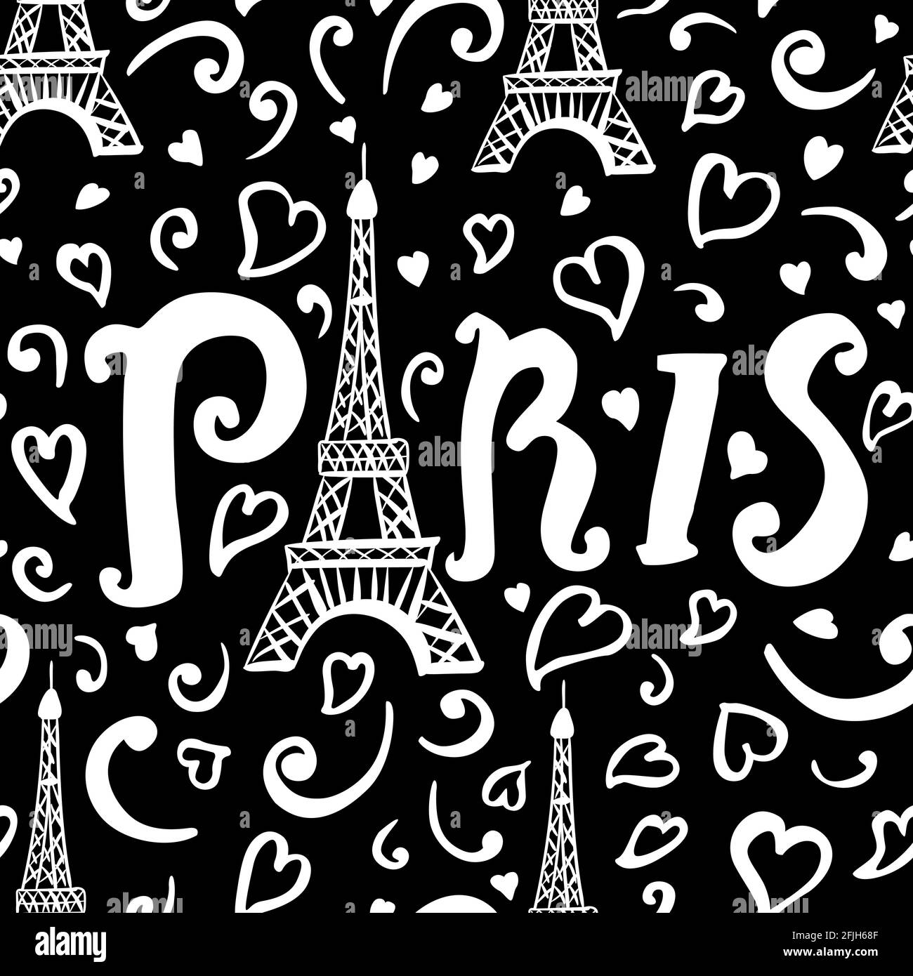Paris seamless pattern black and white color. Eiffel tower, hearts, swirl  sketch graphics illustration. Romantic france art wallpaper. Night in Paris  Stock Vector Image & Art - Alamy
