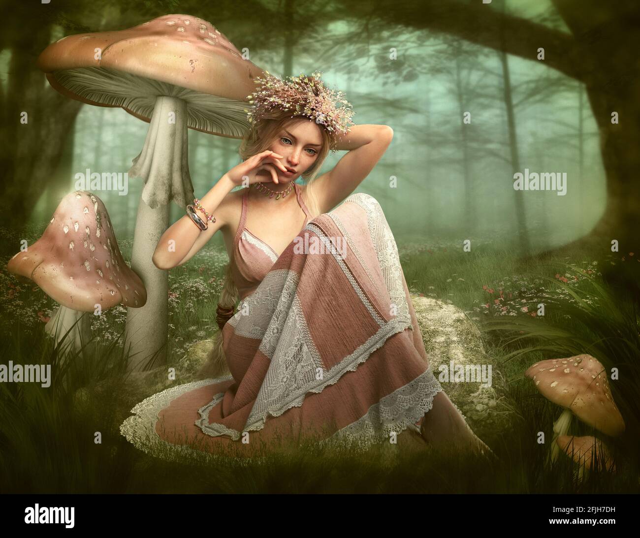 3d computer graphics of a fairy sitting in a forest surrounded by mushrooms Stock Photo