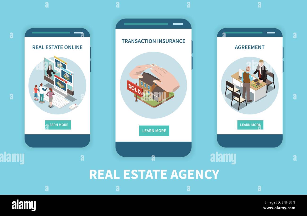 Real estate agency isometric set with learn more buttons text and conceptual images of selling houses vector illustration Stock Vector