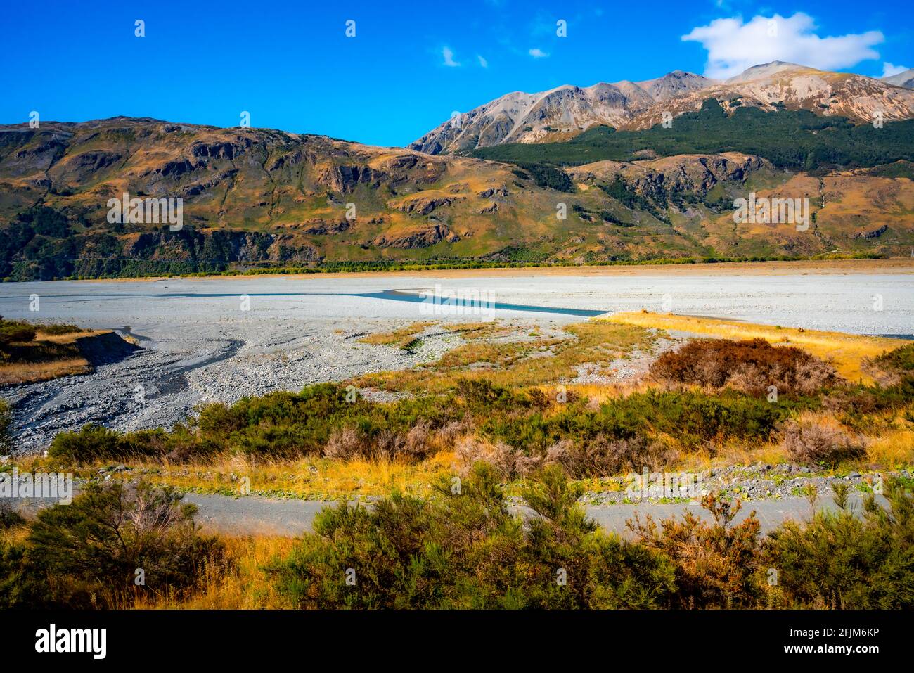 New Zealand Autumn Landscape on board TranzAlpine Train from Christchurch to Greymouth Stock Photo