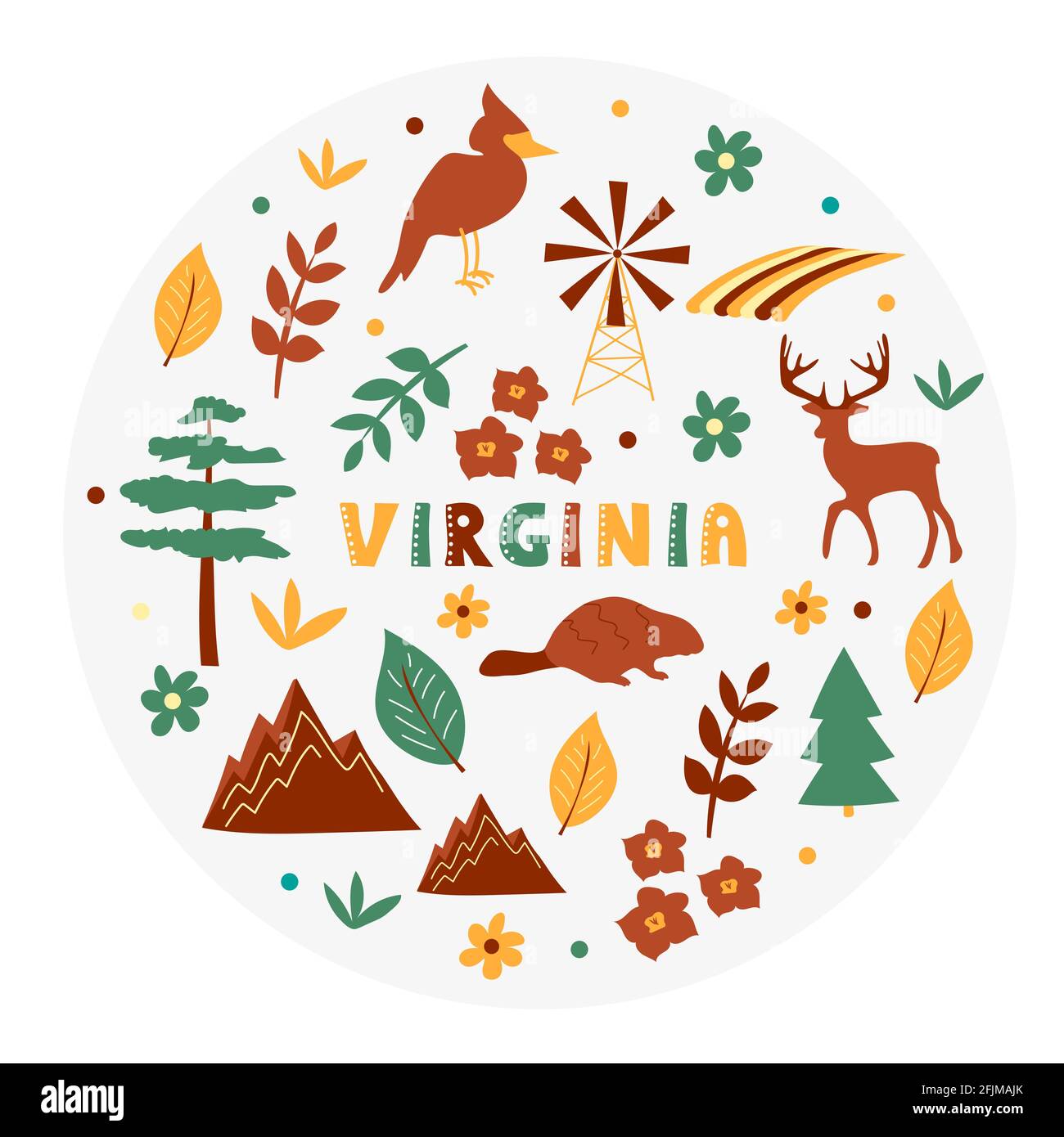 USA collection. Vector illustration of Virginia theme. State Symbols Stock Vector