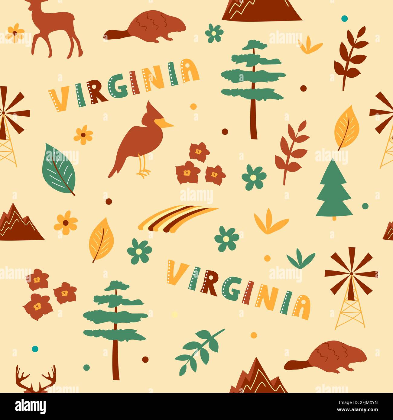 USA collection. Vector illustration of Virginia theme. State Symbols Stock Vector
