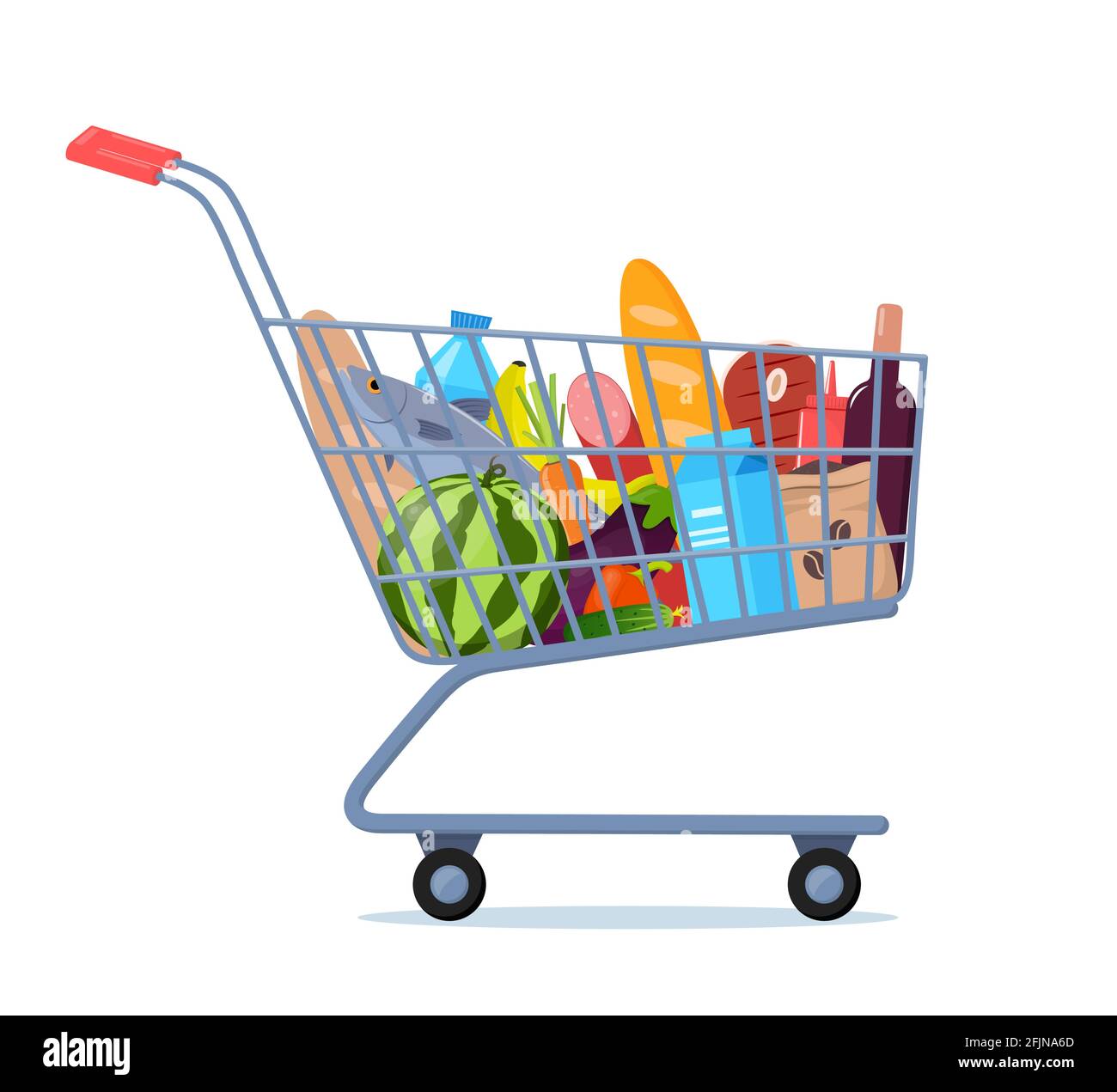 Shopping trolley full of food, fruit, products, grocery goods. Grocery  shopping cart. Buying food in supermarket. Vector illustration for  advertising Stock Vector Image & Art - Alamy