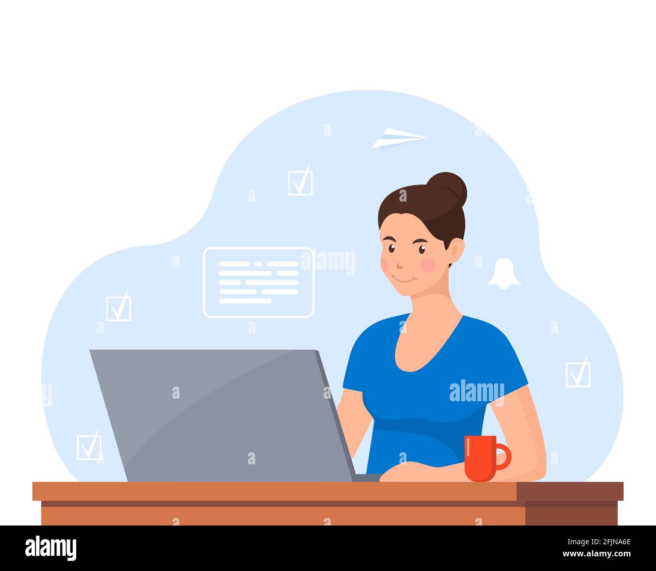 Young woman working on laptop at home office. Freelancer at work, remote work. Young woman sitting at a desk with a laptop and coffee cup. Flat style Stock Vector