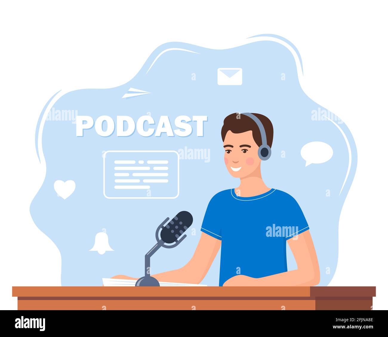Man records a podcast in the studio. Men leading the broadcast on the radio station. Man in headphones speaks into a microphone in the studio. Broadca Stock Vector