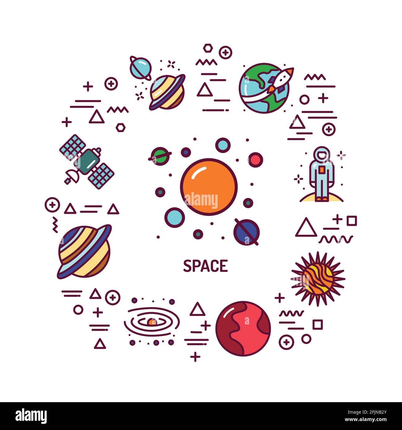 Space web banner. Infographics with linear icons on white background. Creative idea concept. Isolated outline color illustration. Stock Vector