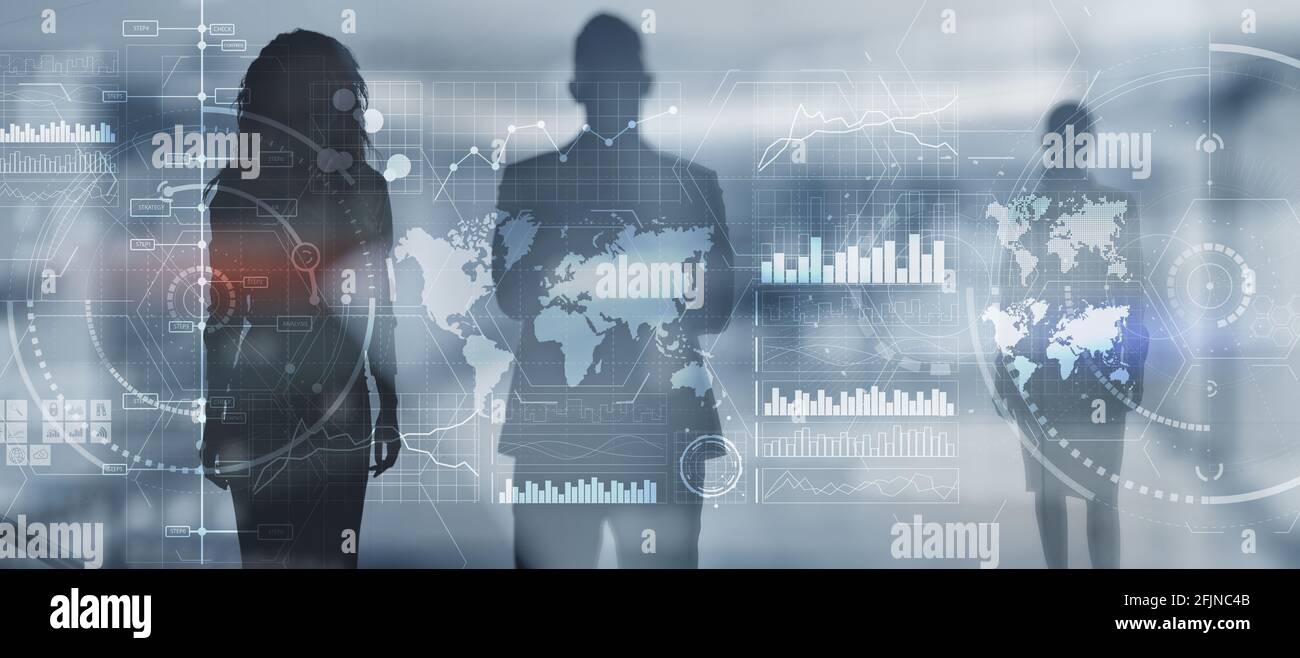 Diverse business team in city digital interface. Intelligence control panel. Stock Photo