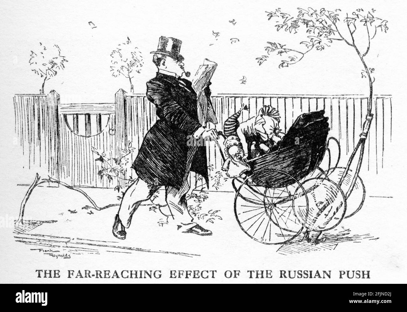 Engraving of a man distracted by a newspaper pushing his pram into trees and tipping out the babies during World War One. From Punch magazine. Stock Photo
