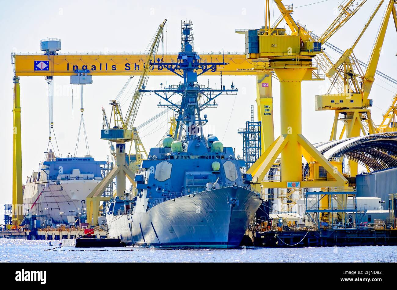 Military warships are under construction at Ingalls Shipbuilding, a division of Huntington Ingalls Industries in Pascagoula, Mississippi. Stock Photo