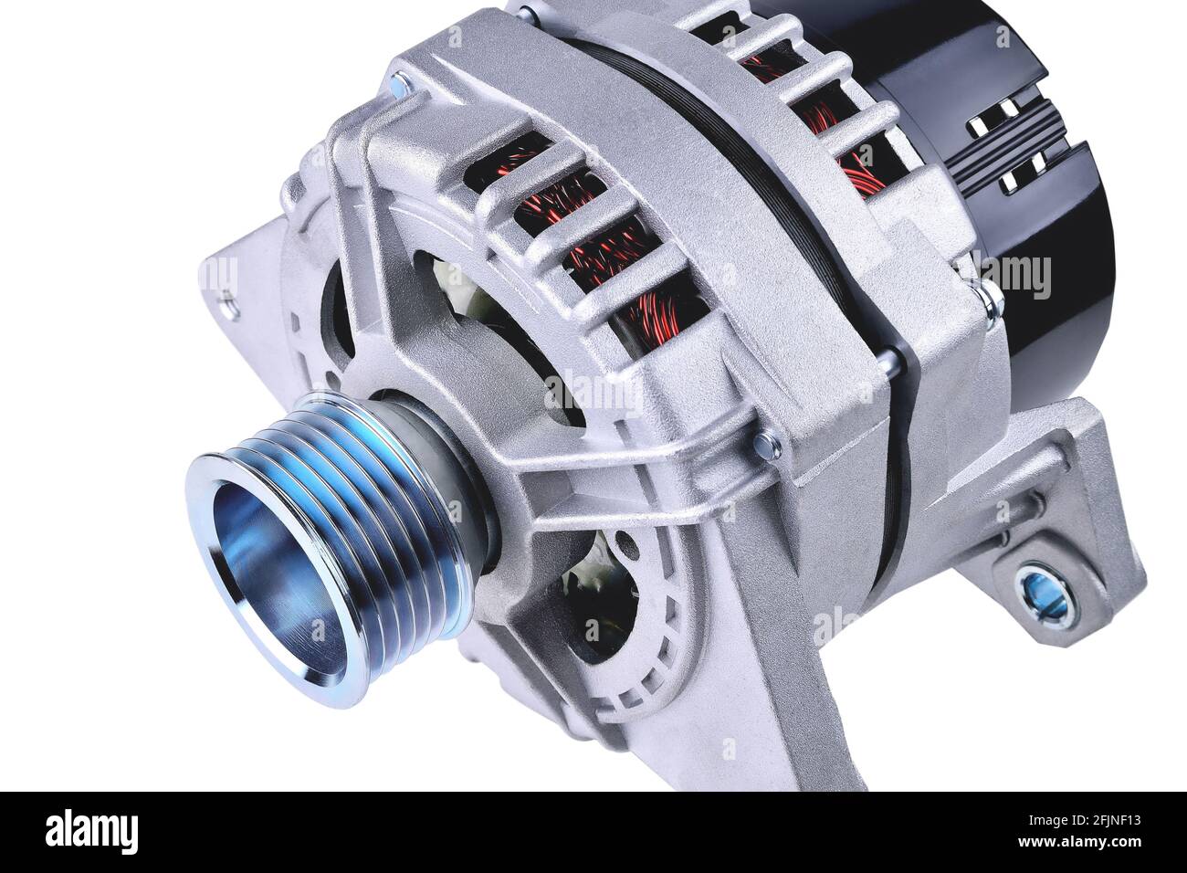 car generator, car electrical network element on white background, generator details close-up selective focus Stock Photo