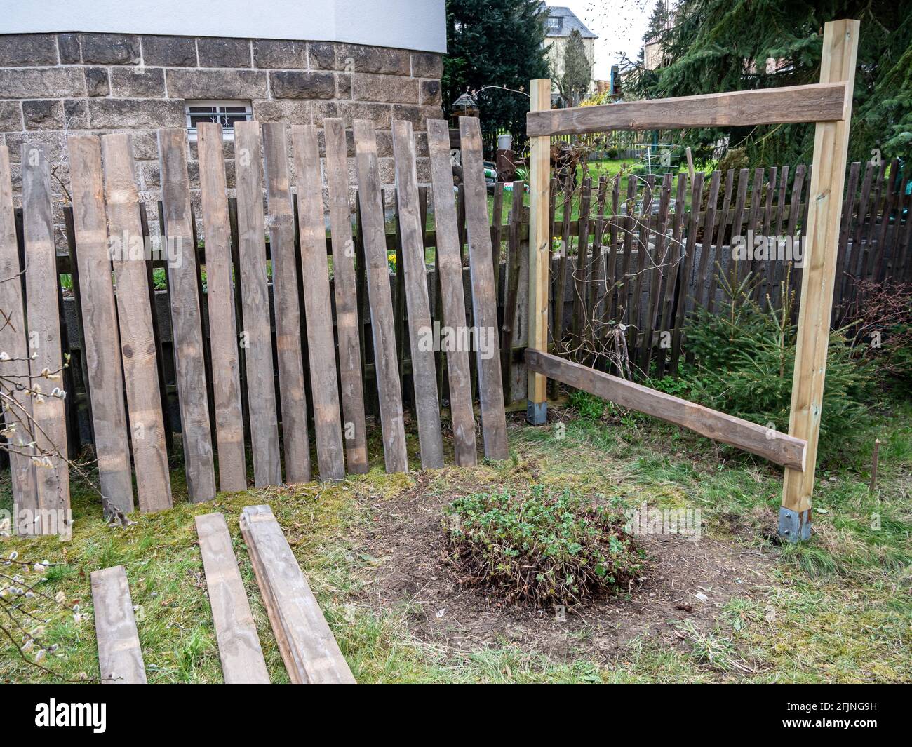 Fence construction in your own garden Stock Photo