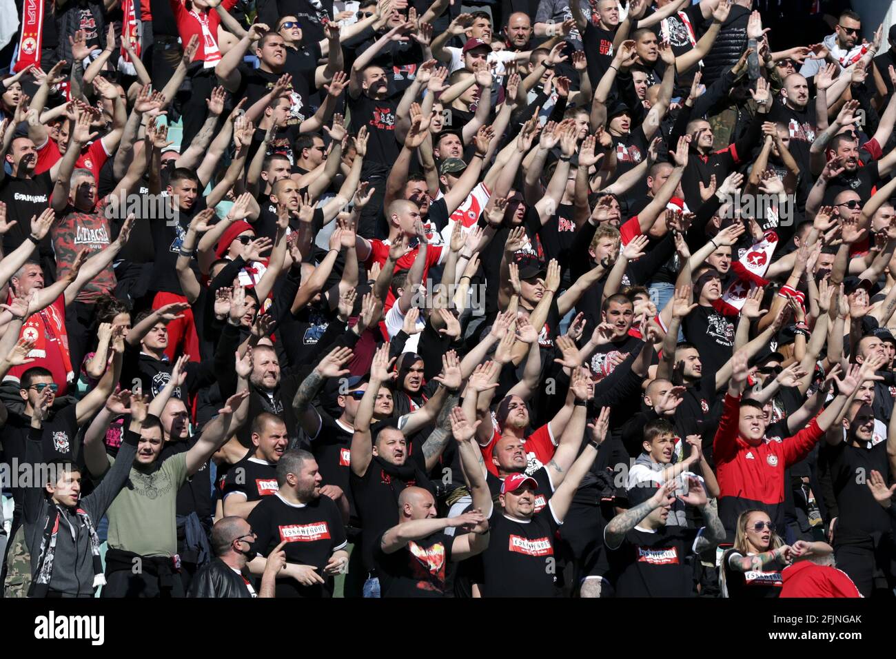Sofia, Bulgaria: 25 April, 2021: CSKA Sofia's supporters cheer their team during the national championship football match between Levski and CSKA Sofia. Football fans have been allowed to attend the stadium with less than 30% of the seats amidst the coronavirus pandemic. Credit: Pluto/Alamy Live News Stock Photo