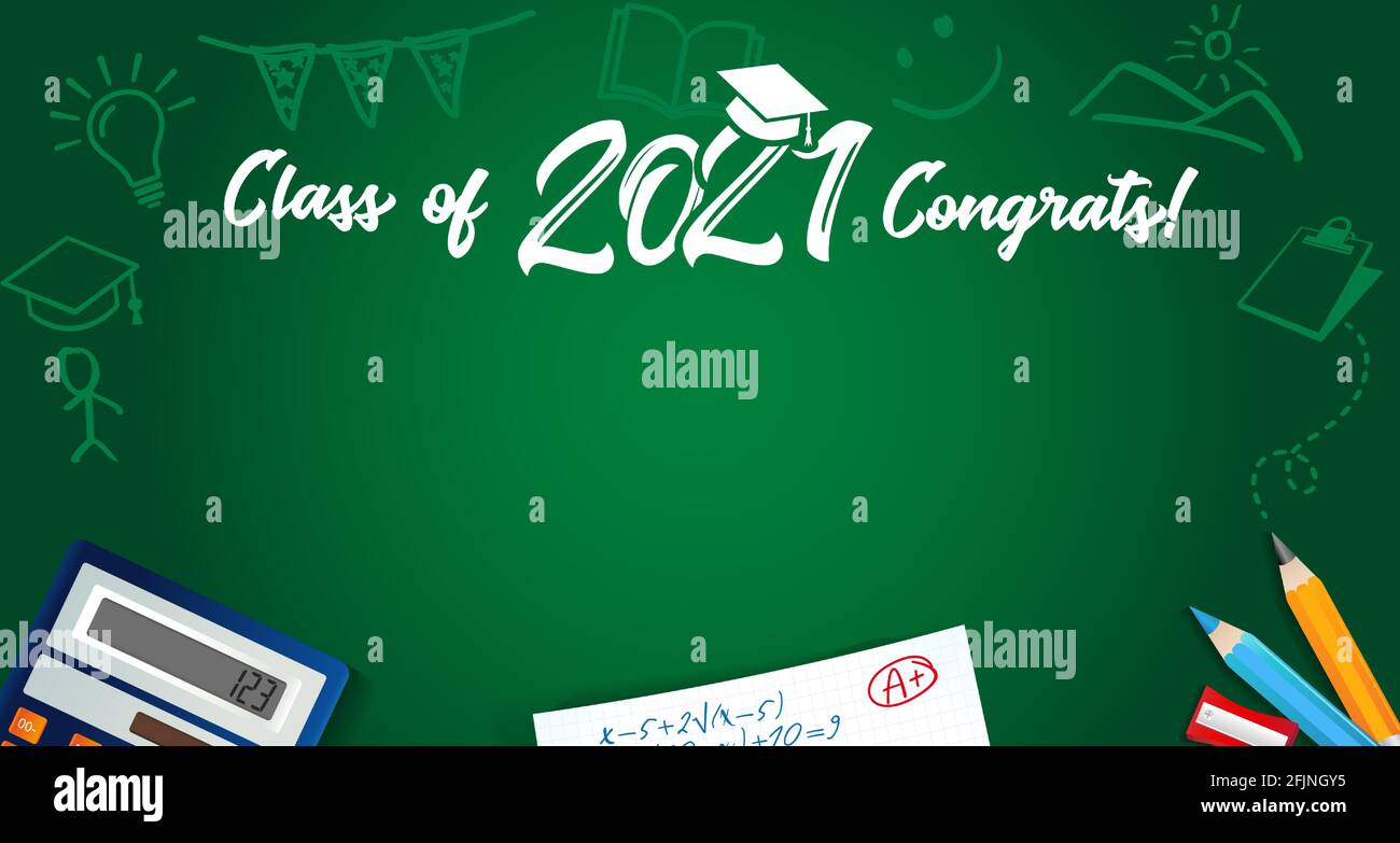 Class of 2021 Congrats text and school colored pencils on green blackboard. Vector illustration Class of 2021 year in academic cap and chalk icons Stock Vector
