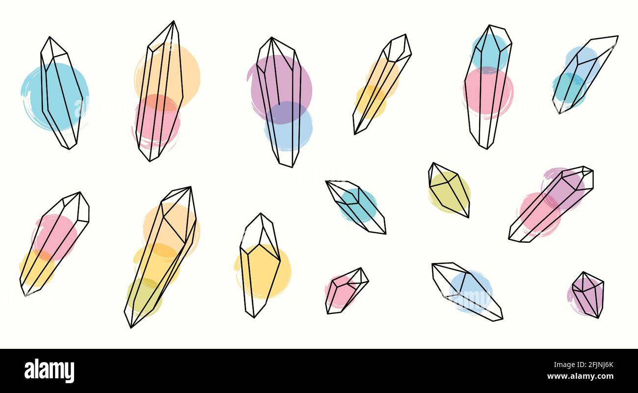 Set of vector magic colored healing crystals. Line art and watercolors