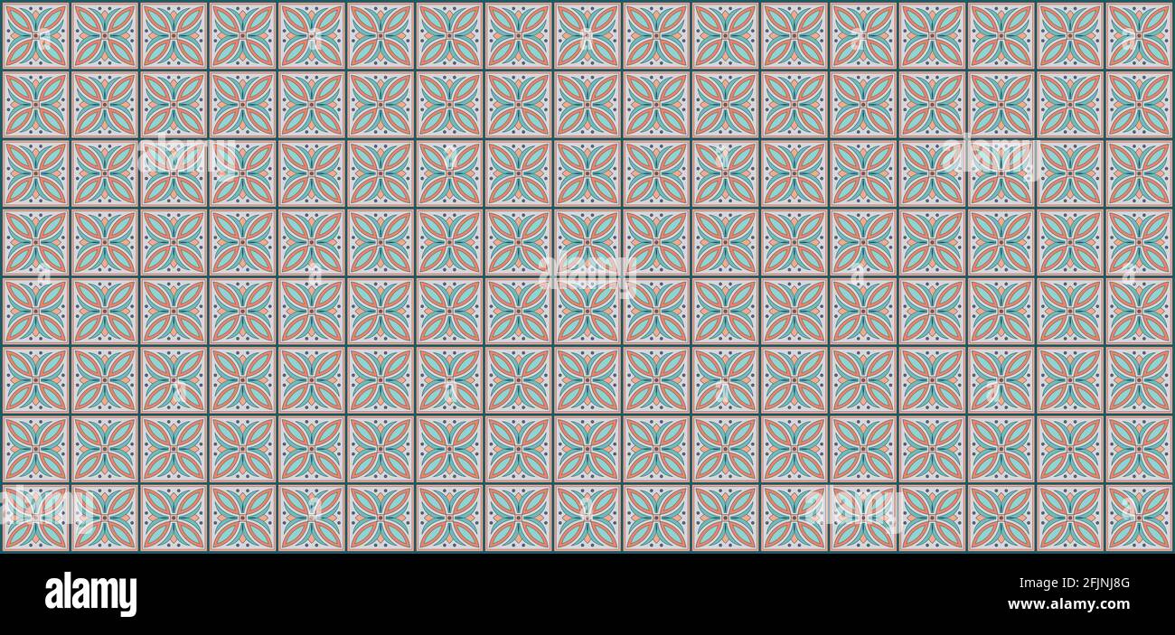 Geometric wallpaper ethnic square Moroccan tiles with a pattern in orange, emerald and gray colors Stock Vector