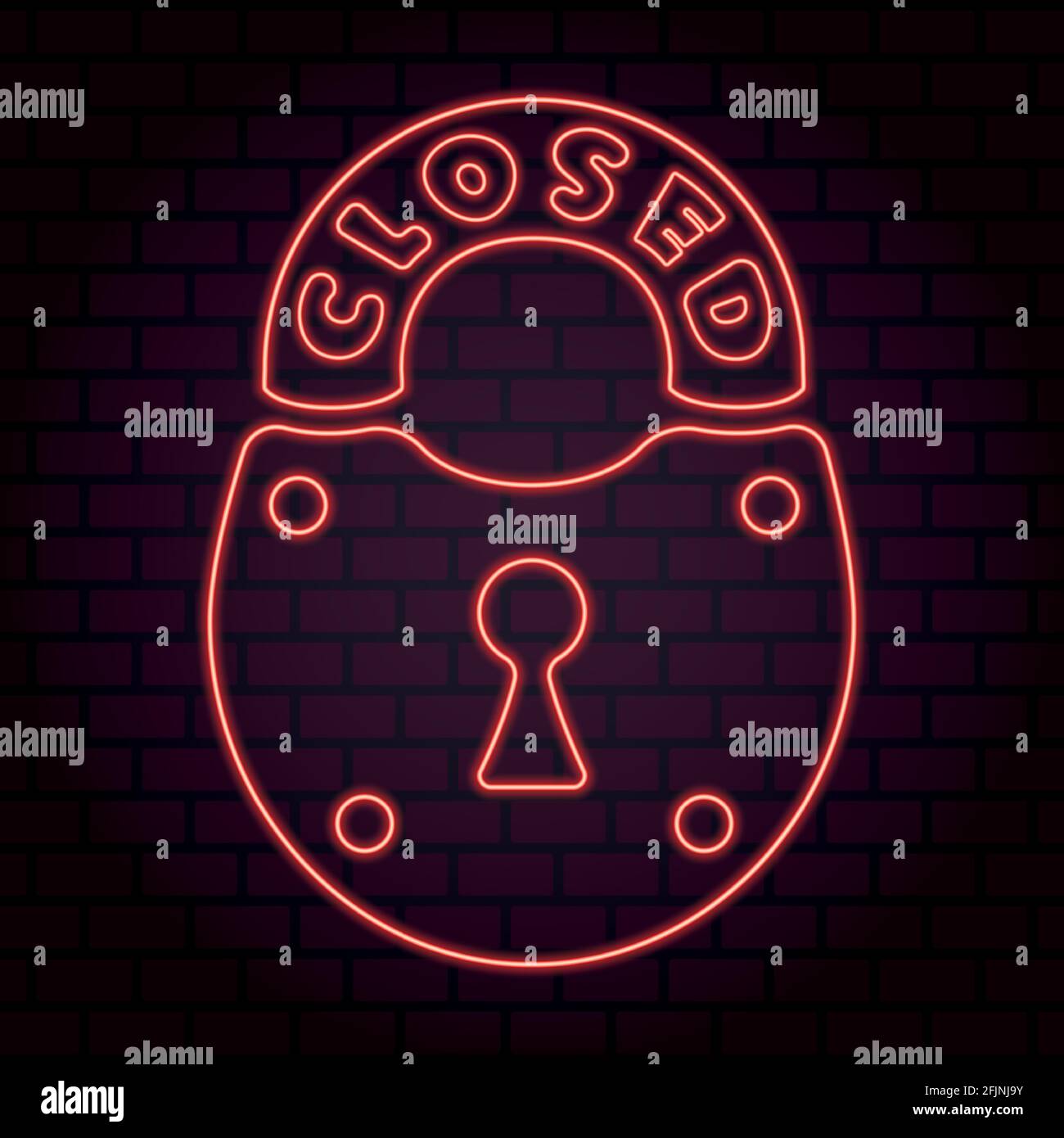 Vector illustration of a neon padlock with a glowing inscription closed on the background of a brick wall Stock Vector