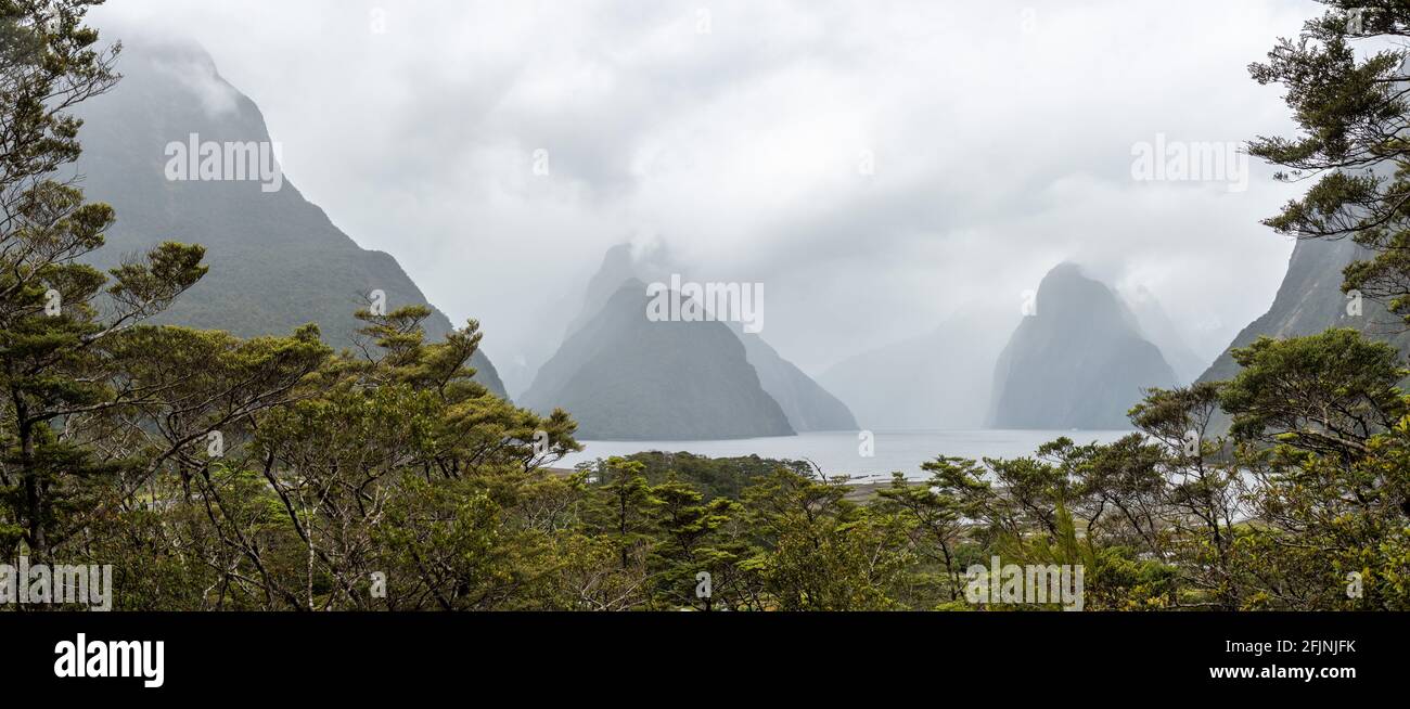 Magnificent panoramic view of Milford Sound during rainy weather, South Island of New Zealand Stock Photo