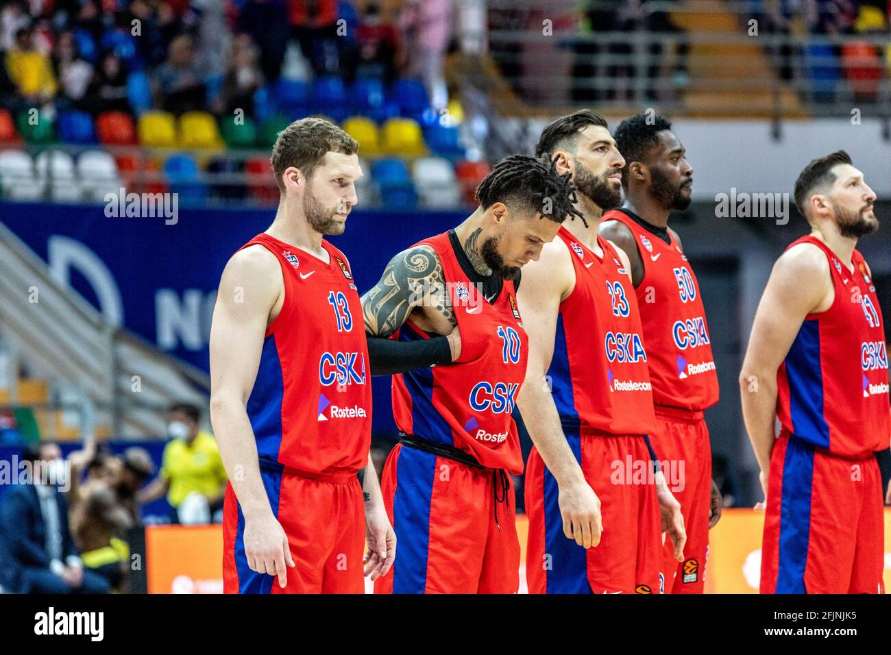 Moscow, Russia. 23rd Apr, 2021. CSKA Moscow team players during the  2020/2021 Turkish Airlines Euroleague Playoffs Game 2 between CSKA Moscow  and Fenerbahce Beko Istanbul at Megasport Arena.Final Score; CSKA Moscow  78:67