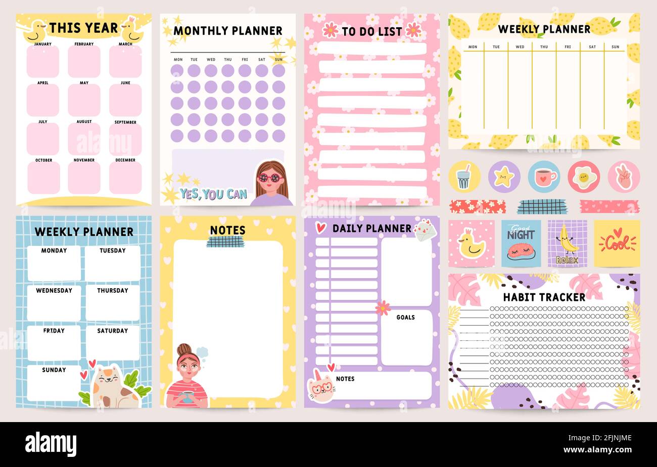 Planner notebook. Decorated daily, monthly and weekly plan template. To do list, schedule and habit tracker. Organizer note pages vector set Stock Vector