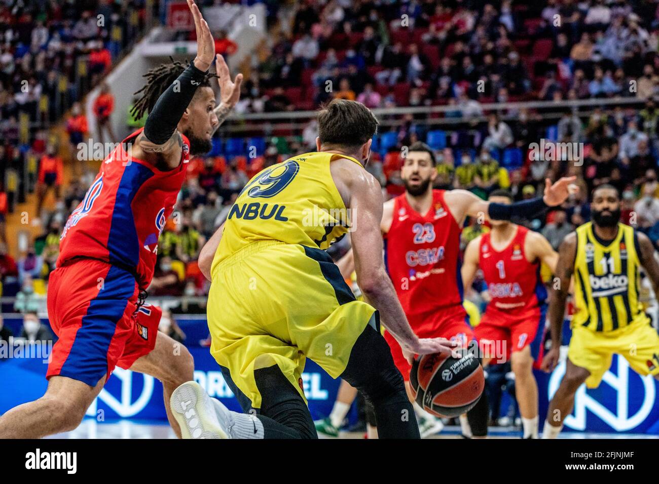 Moscow, Russia. 23rd Apr, 2021. Nando DeColo (19) of Fenerbahce Beko  Istanbul and Daniel Hackett (10) of CSKA Moscow in action during the  2020/2021 Turkish Airlines Euroleague Playoffs Game 2 between CSKA