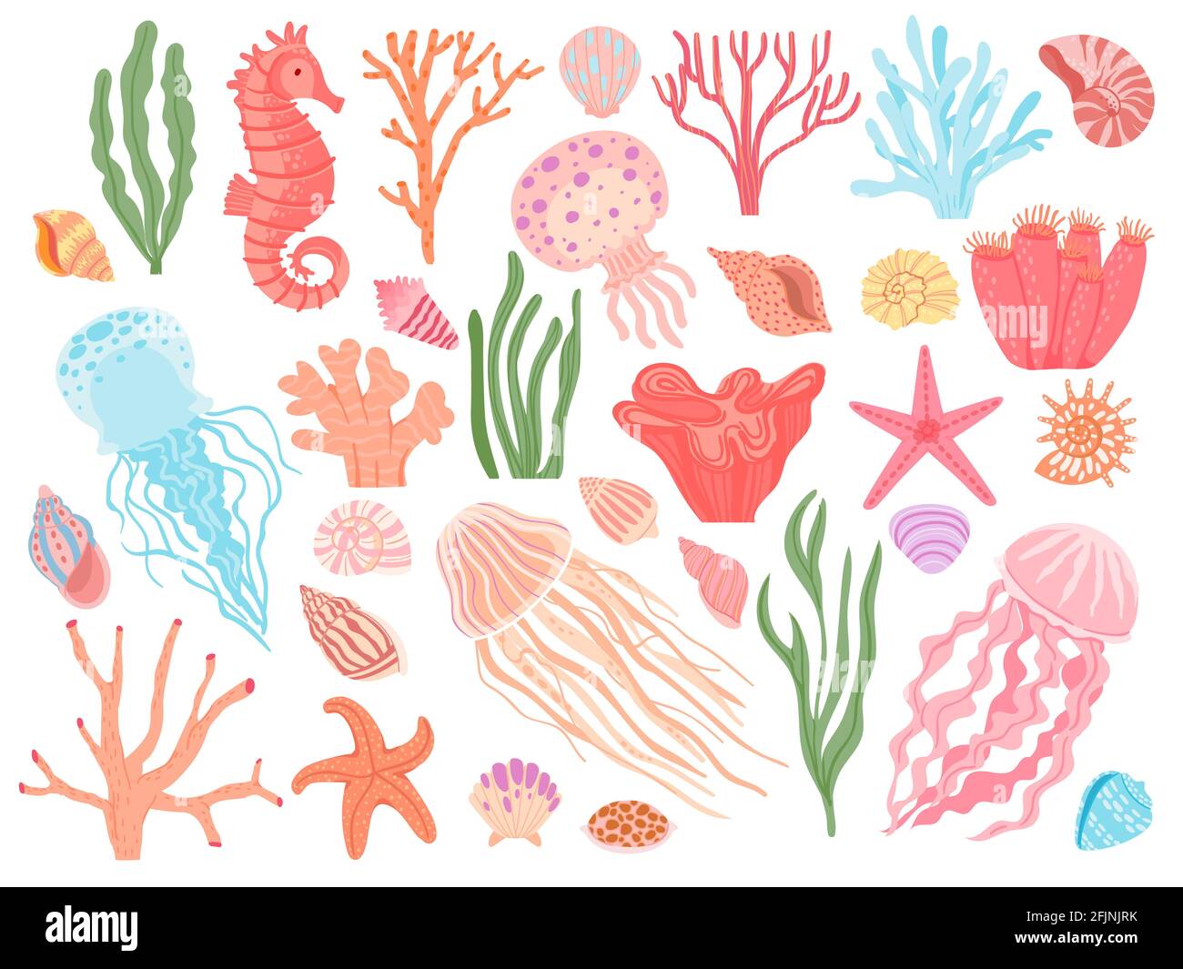 Ocean elements. Cartoon seaweeds, corals, seashells and reef animals. Sea starfish, seahorse and jellyfish. Nautical decorative vector set Stock Vector