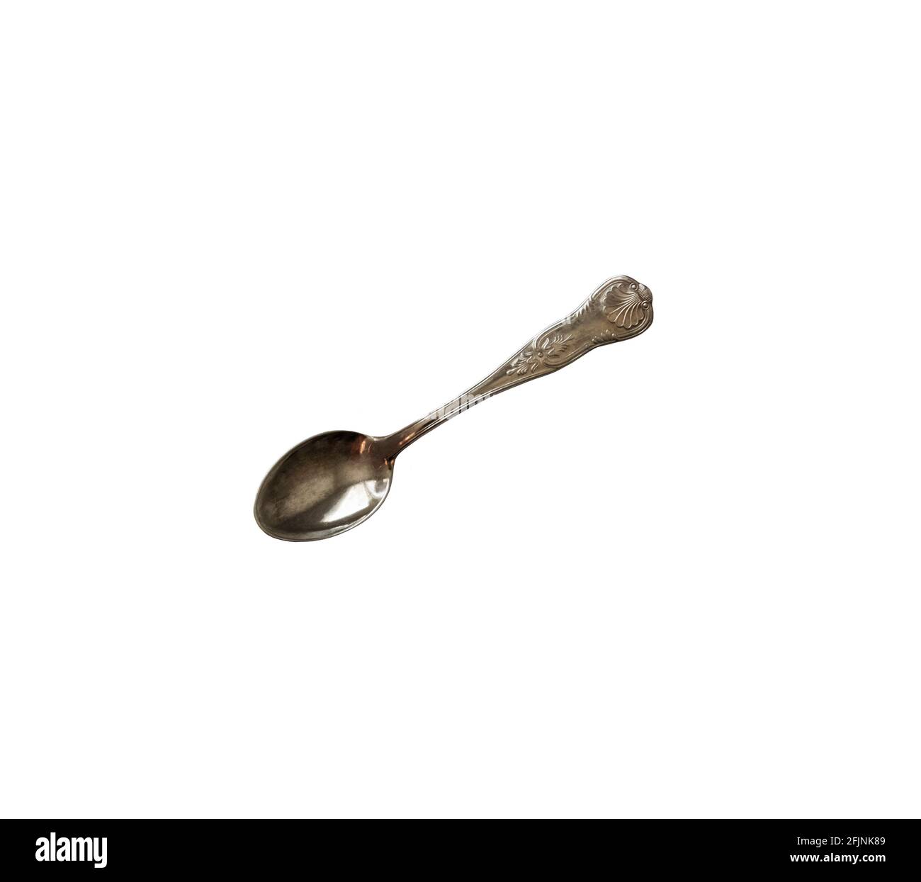 Silver empty coffee spoon isolated object on the white background, kitchen cooking utensils for tea or coffee ceremony, delicate ancient tableware, cu Stock Photo