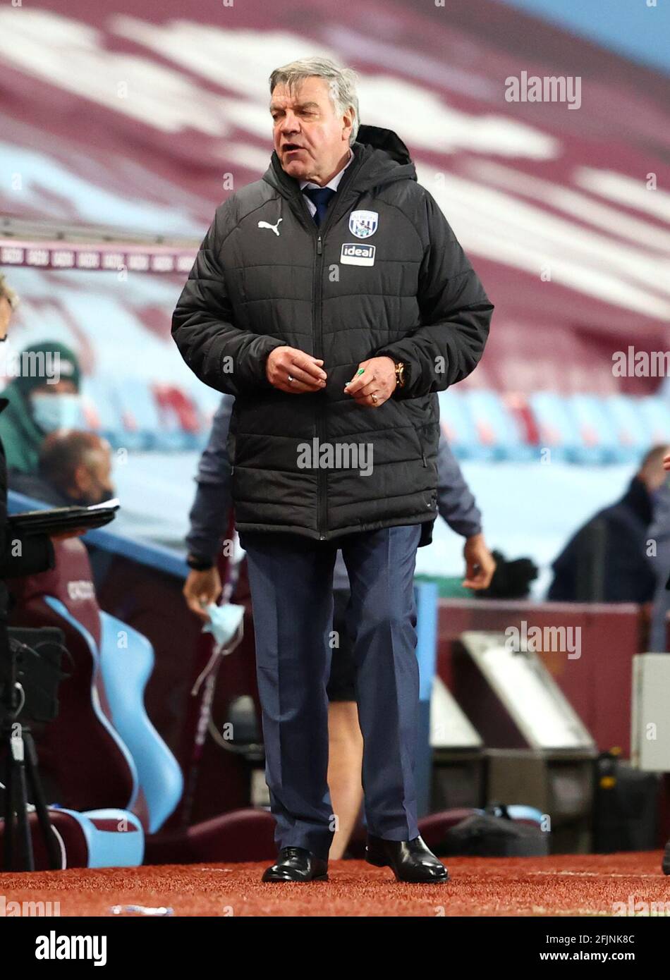 West Bromwich Albion manager Sam Allardyce reacts to Aston Villa's Keinan Davis scoring their side's second goal of the game during the Premier League match at Villa Park, Birmingham. Picture date: Sunday April 25, 2021. Stock Photo
