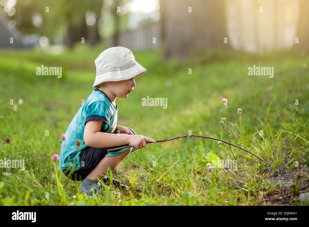 Little Boy Walk in Summer Park. Nature Walk Activities for kids. Young