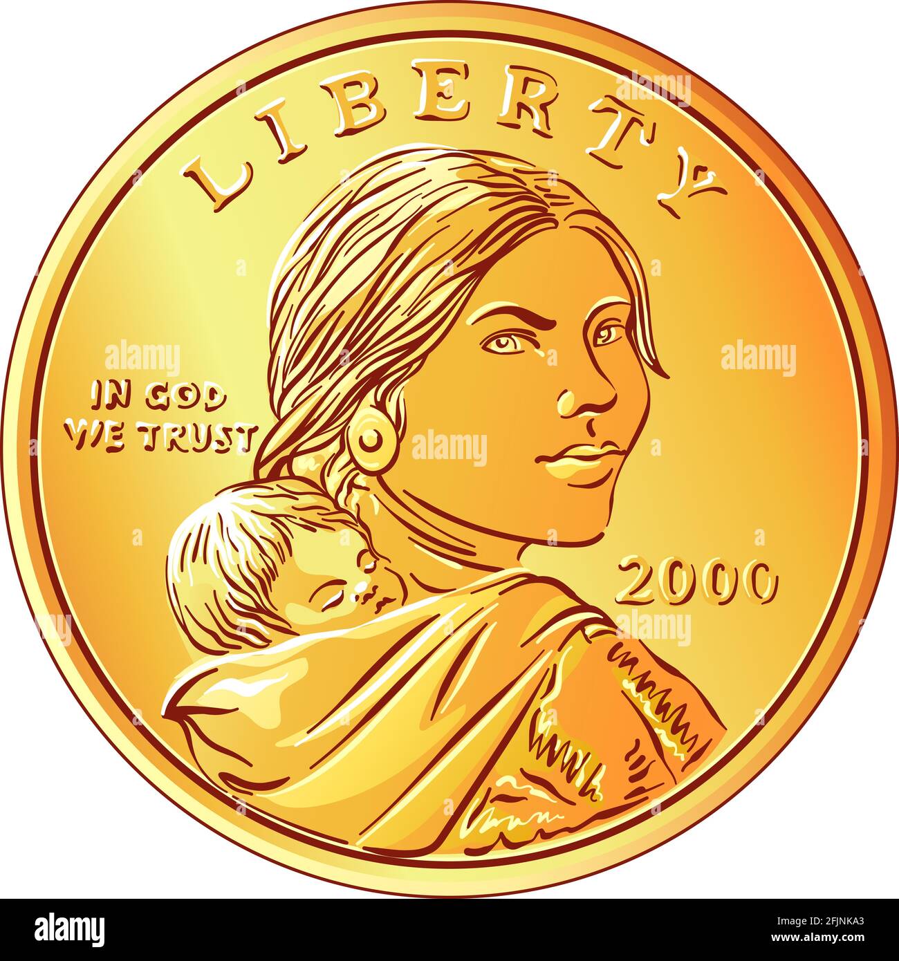 American money Sacagawea dollar, golden dollar coin, Sacagawea and her child on obverse Stock Vector