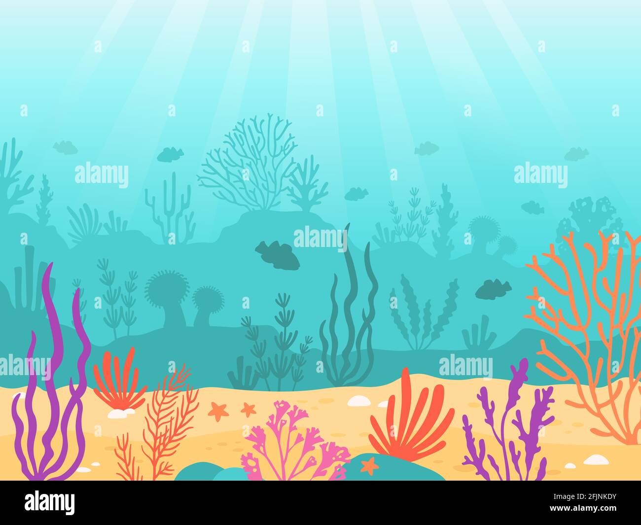 Underwater background. Cartoon seascape with coral reef, sand, seaweed and fish. Ocean bottom scene, deep undersea marine vector landscape Stock Vector