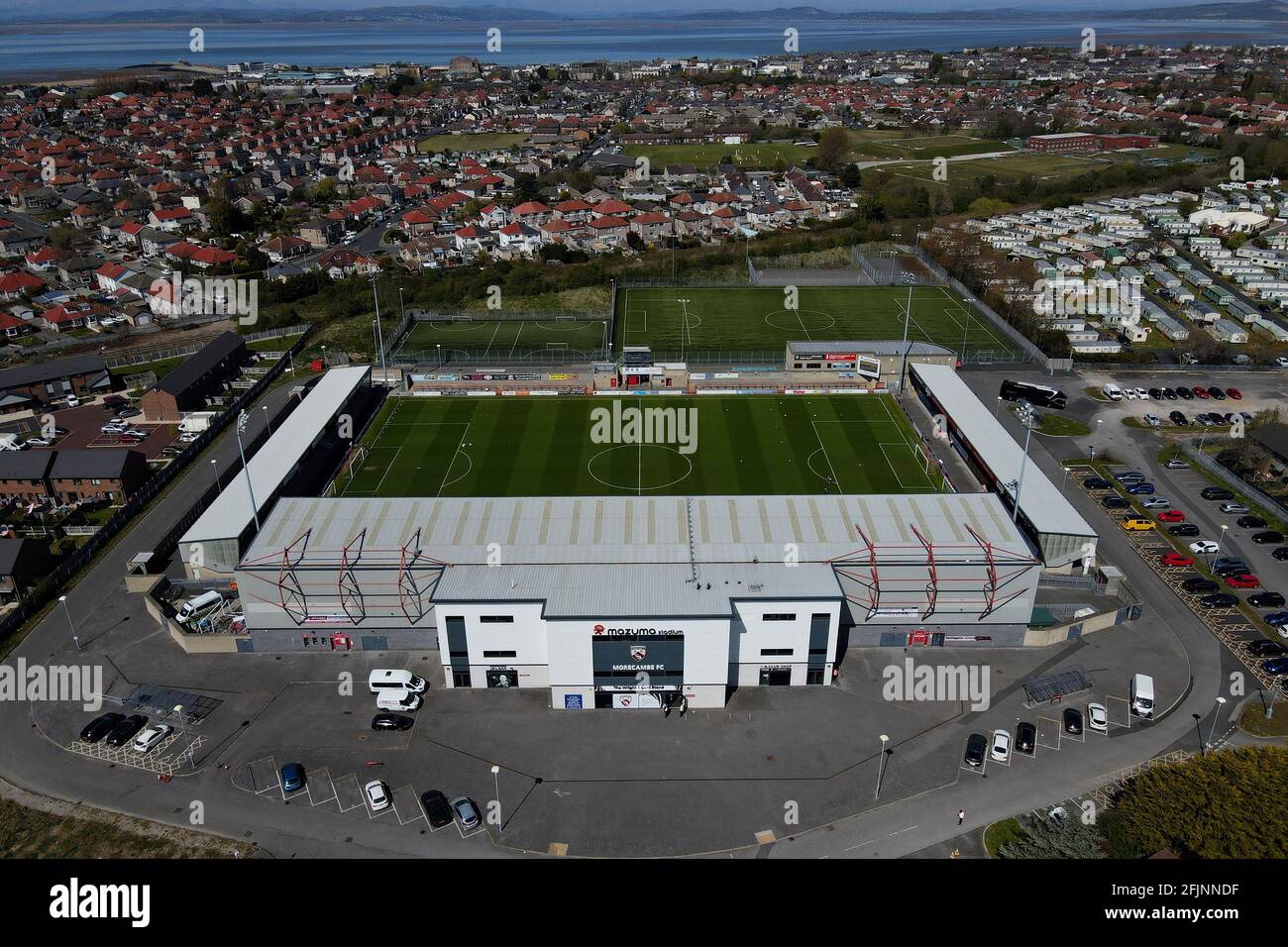 An aerial view of the Mazuma Stadium, Morecambe, UK Stock Photo