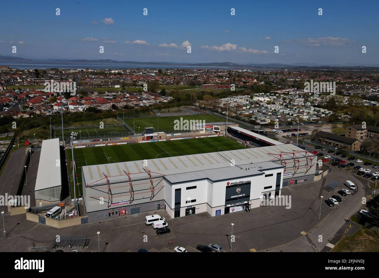 An aerial view of the Mazuma Stadium, Morecambe, UK Stock Photo