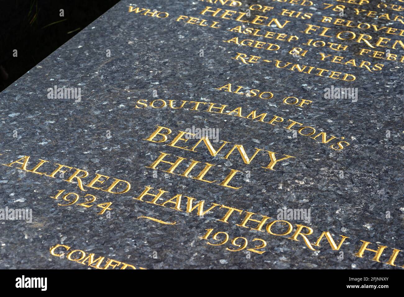 The grave of Benny Hill - British comedian from Southampton, Hollybrook Cememetery, England, UK Stock Photo