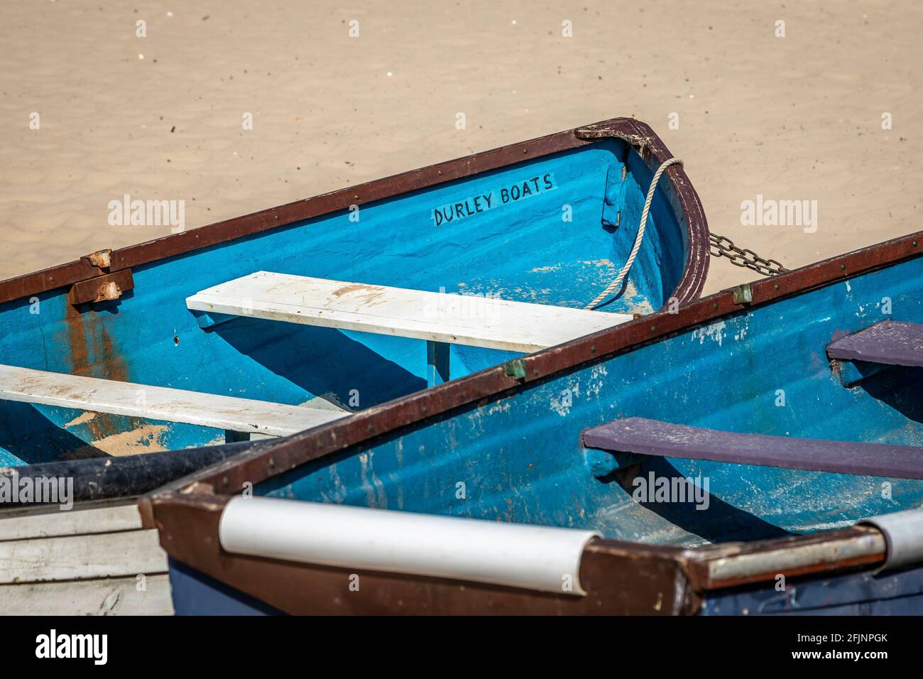 Rowing Boats on the beach, Bournemouth Seafront Stock Photo