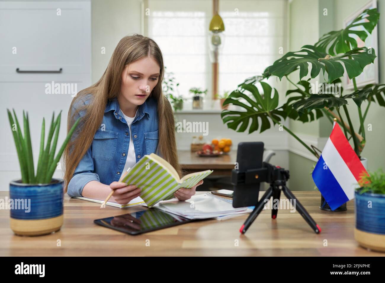 Female student sitting at home studying online, looking at smartphone ...