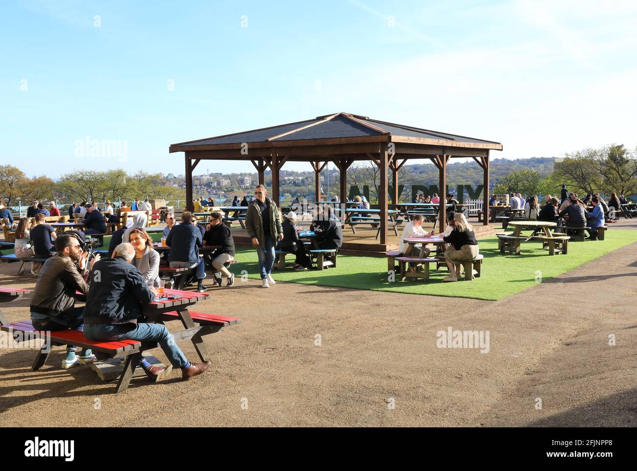 The Terrace at Alexandra Palace, Ally Pally's Covid-secure beer garden for food and drink, in April 2021, in north London, UK Stock Photo